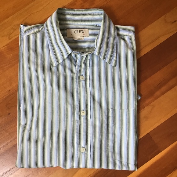 J. Crew Men's Short Sleeve Cotton Shirt Medium Blue Green Stripe - Picture 8 of 10